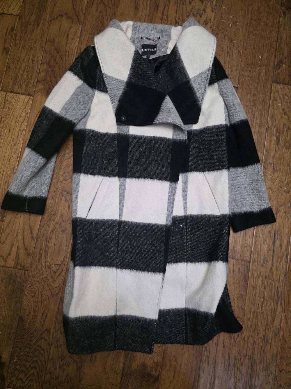 Express Black & Gray Plaid Open-Front Sweater Coat